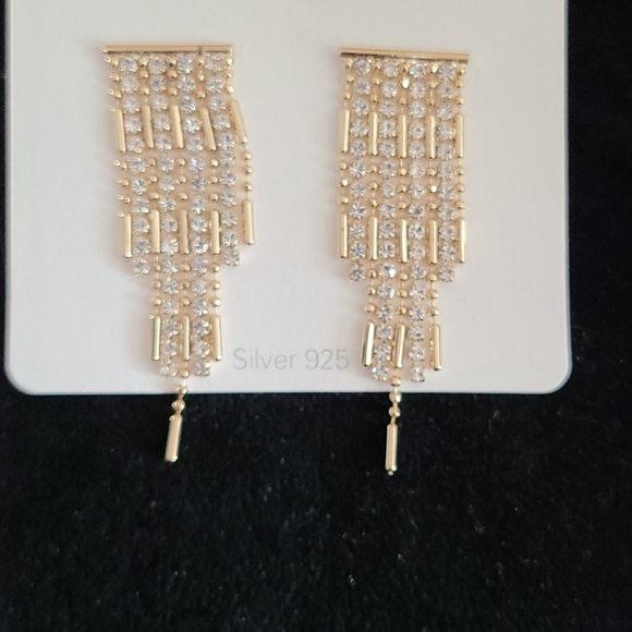 Earrings Gold Tone Cubic Zirconia Fringe Bling Evening Cocktail Party Brand New - Picture 2 of 2